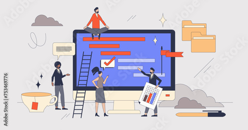 Project management software or process organization retro tiny person concept. Task control, monitoring and planning tool for efficient and productive work vector illustration. Lean workflow app.