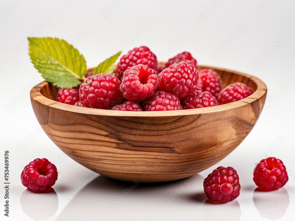 Raspberry in wood bowl isolated on white background