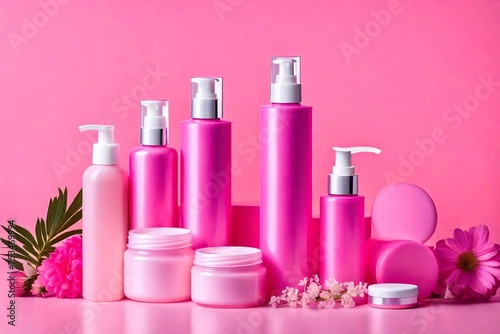 Skincare products, pink plastic bottles and containers with face cream, lotion and cleanser, beauty products on pink background, side view studio photo