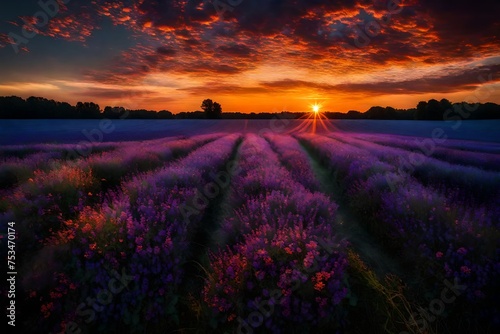 Summer sunset of Blue  Purple  and Orange over a field in Michigan