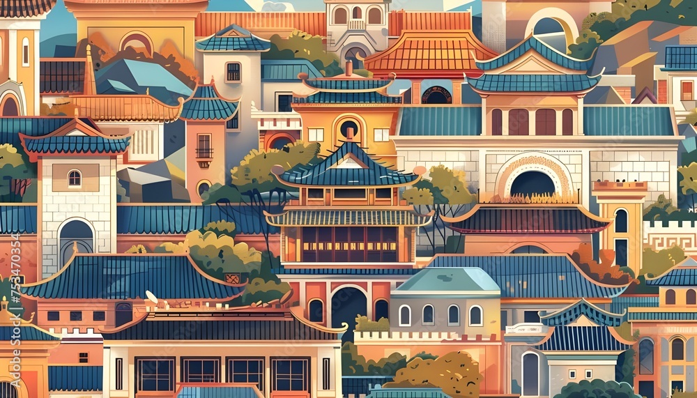Ancient china city seamless pattern with old buildings