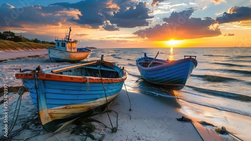 Fishing boat concept on the Baltic sea beach in Jantar at sunset, Poland. photo