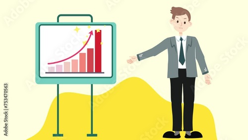 Happy businessman present increase turnover or profits chart arrow. 2D flat cartoon style character animation footage. Office worker showing report performance growth with hand point and lip syncing.