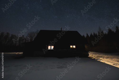 Night scene, landscape astrophoto. Silhouette of a house with light from a window in the forest against the background of the starry sky. Kollassaare farm in winter. photo