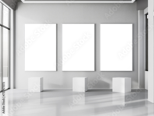 A gallery interior with three blank canvases on a wall, ideal for art display or concepts. Ai generative illustration