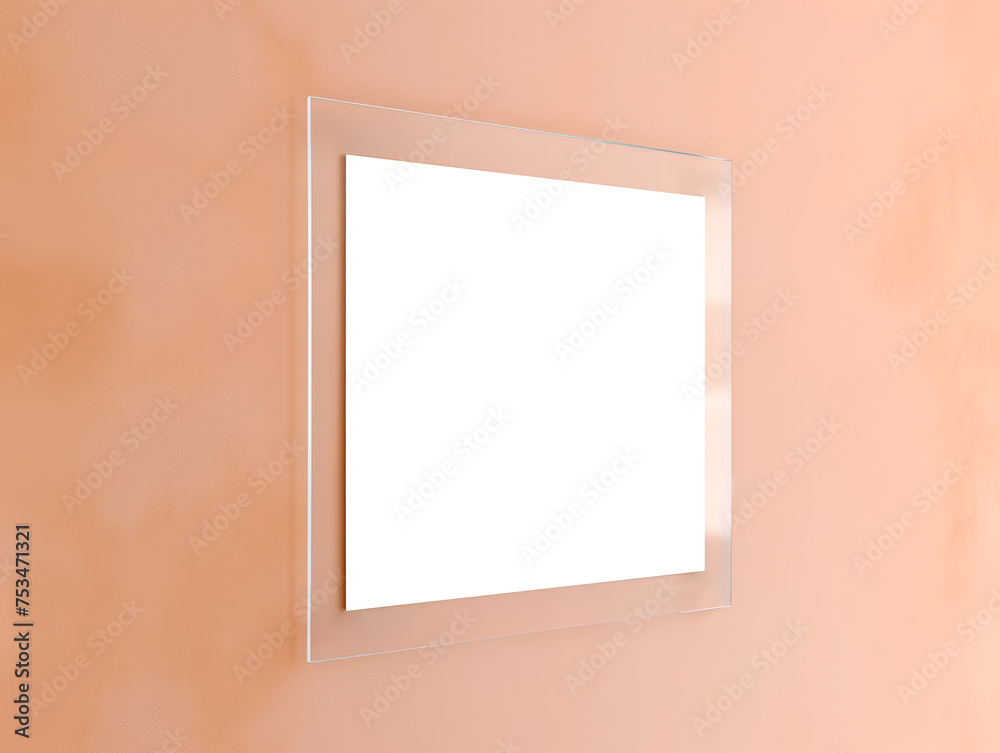 A blank poster encased in glass is affixed to a peach-colored wall as a mock up for advertising or display purposes. Ai generative illustration A blank poster encased in glass is affixed to a peach-colored wall as a mock up for advertising or display purposes. Ai generative illustration