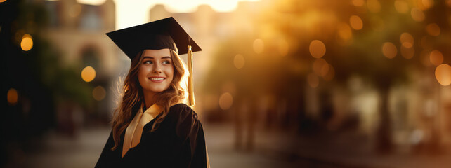 A happy European woman wearing a graduation cap, symbolizing success in university education. Ai generative illustration