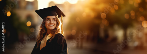 A happy European woman wearing a graduation cap, symbolizing success in university education. Ai generative illustration photo