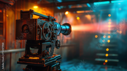 film projector on a wooden background with dramatic lighting and selective focus.