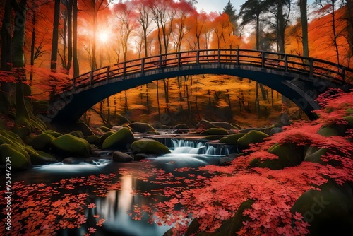 Fantastic Autumn Landscape. Amazing sunset With colorful sky in Azalea and Rhododendron Park Kromlau .Rakotz Bridge  Rakotzbrucke Devil s Bridge in Kromlau  Saxony  Germany