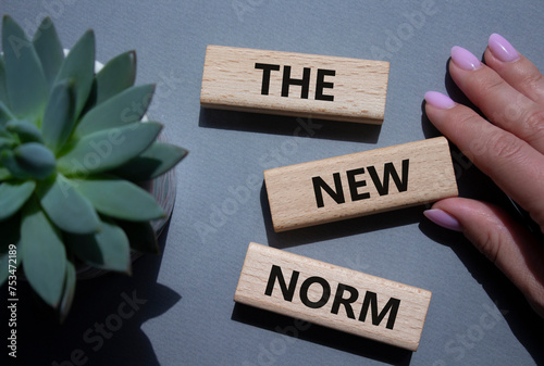 The new norm symbol. Concept words The new norm on wooden blocks. Beautiful grey background with succulent plant. Businessman hand. Business and The new norm concept. Copy space.