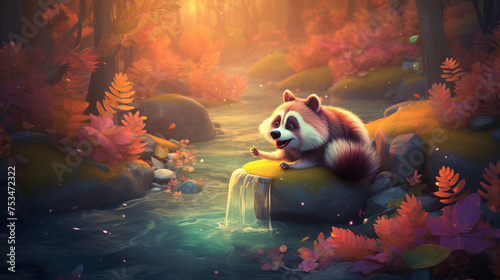 A chubby raccoon washing food in a stream  3d animation in colorful.