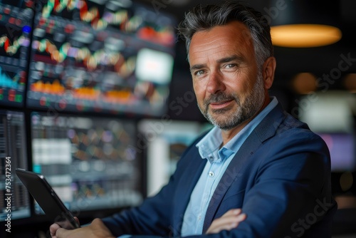 A data analyst intensely scrutinizes interactive charts and data on a tablet against the backdrop of a sophisticated control room. generative ai