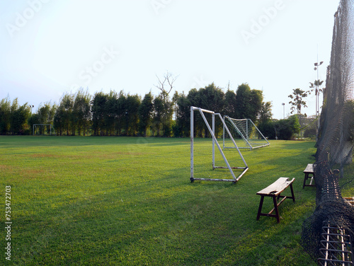 Sunshine day in a football grass field with soccer goal