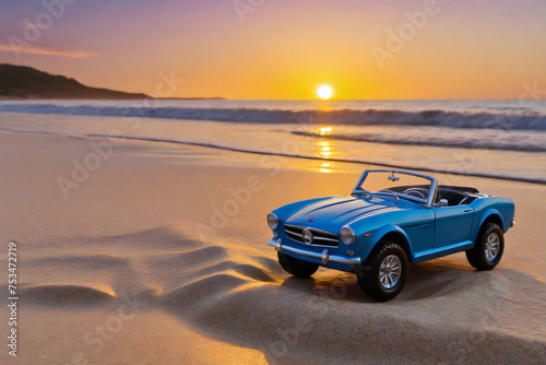 Blue toy car in beach with sunset
