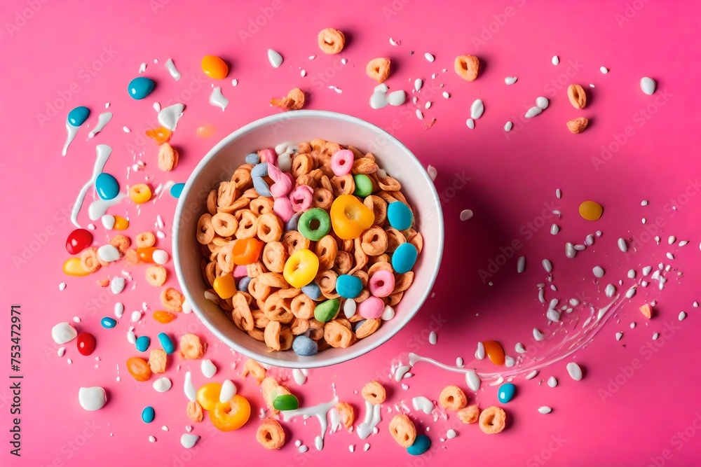 bright multicolored breakfast cereal in bowl with splashing milk  on pink background