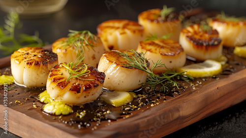 delicious grilled scallops with herbs and creamy dressing © Harry