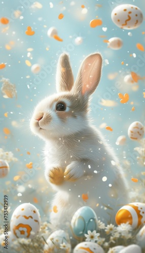 Easter Bunny Amongst Festive Eggs and Flowers © kitti