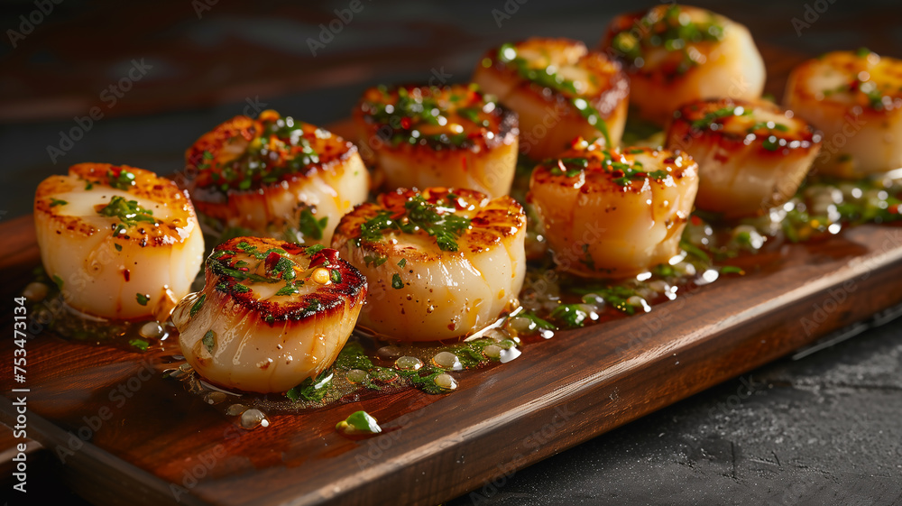 delicious grilled scallops with herbs and creamy dressing - obrazy, fototapety, plakaty 