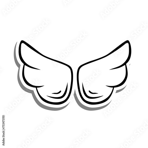 Outline Cute Wings on white silhouette and gray shadow. Vector illustration for decoration or any design.