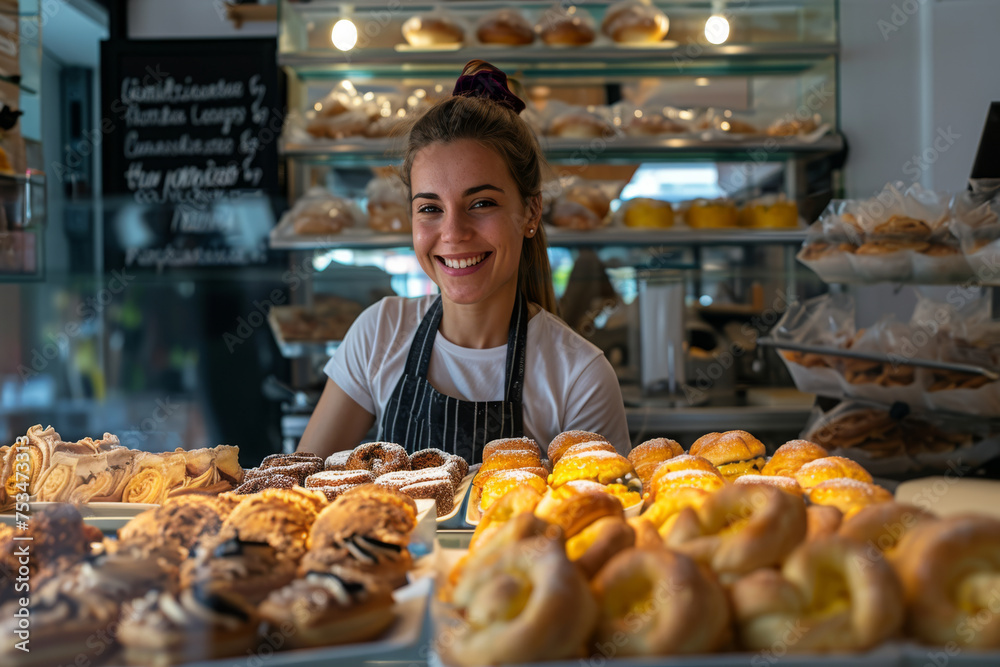 A young businesswoman stands proudly in her pastry shop, surrounded by freshly baked goods and the inviting aroma of sweet treats. A young businesswoman stands proudly in her pastry shop, surrounded by freshly baked goods and the inviting aroma of sweet treats.