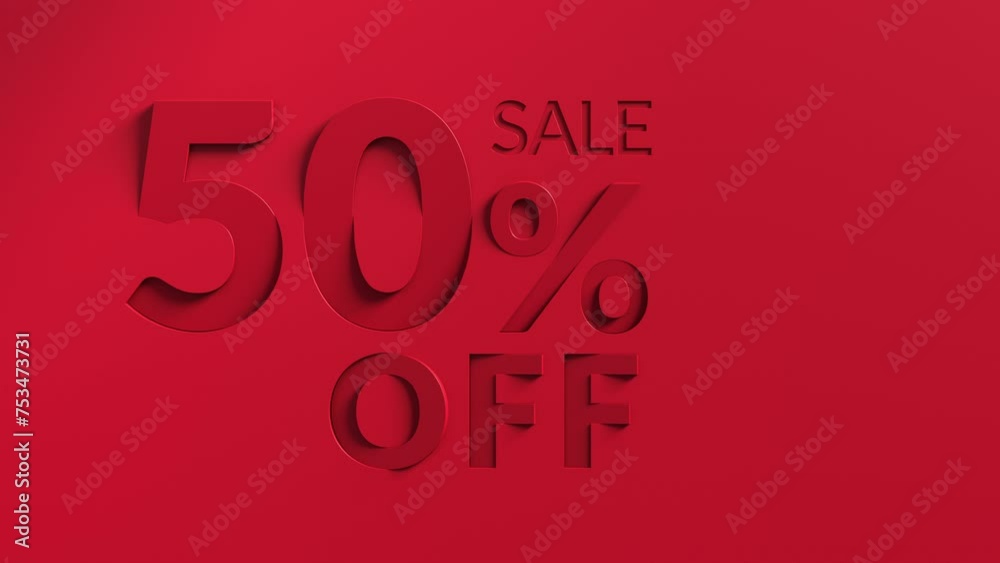 50 percent off price reduction toned in red. Loop animation of red 50% percent discount offer banner.