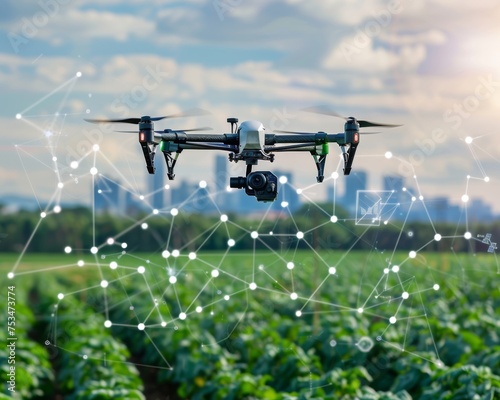 An advanced agricultural drone flies over farmland at sunset, equipped with modern sensors and data analytics for precision farming and crop monitoring.