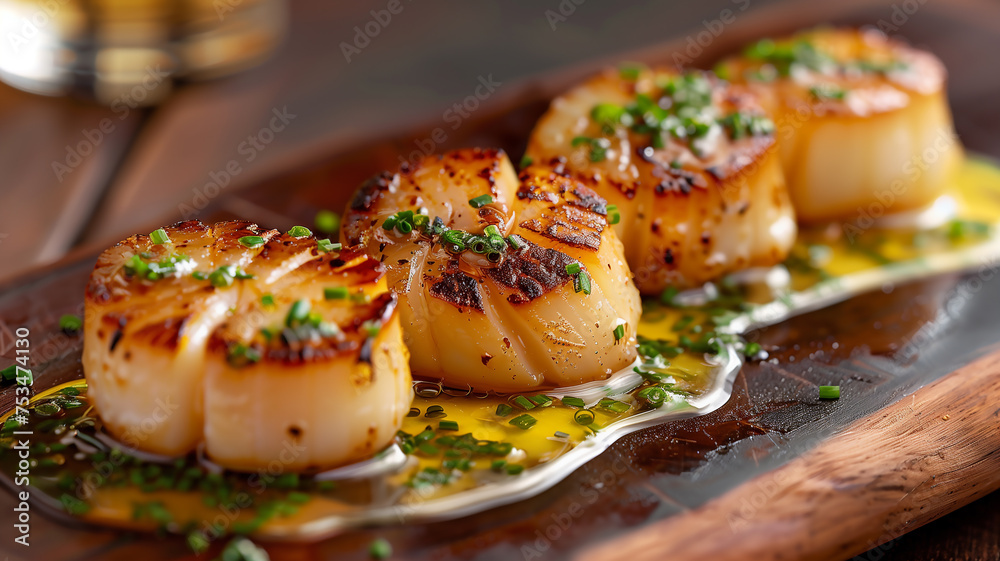 delicious grilled scallops with herbs and creamy dressing - obrazy, fototapety, plakaty 