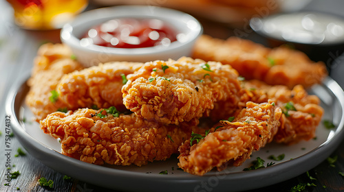 Fried chicken strips or nuggets served with ketchup and ranch dipping sauce.