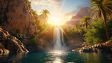 A rare waterfall oasis in the desert, with the sun high in the sky casting a bright light on the water and surrounding palm trees. 8k