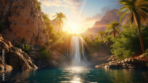 A rare waterfall oasis in the desert  with the sun high in the sky casting a bright light on the water and surrounding palm trees. 8k