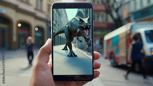 A hand holds a phone with an augmented reality app. The screen projects an AR model of a dinosaur on a city street. © photolas