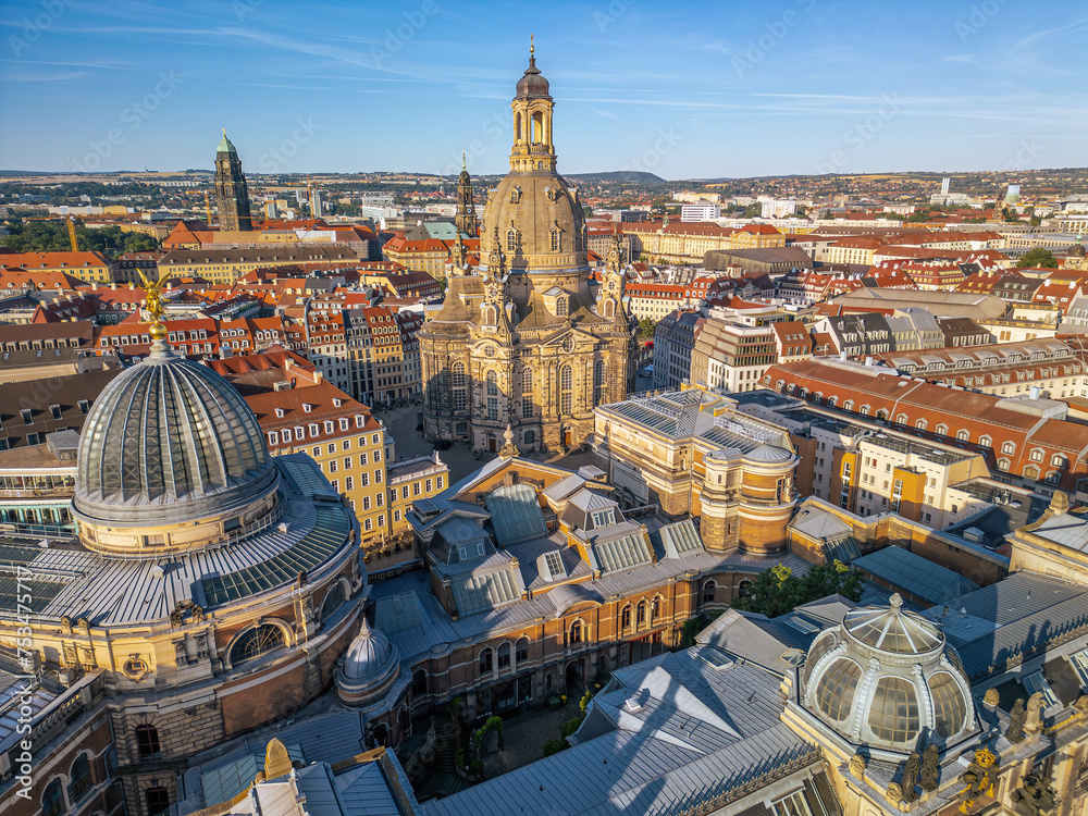 The drone aerial view of old town of Dresden at sunrise, Germany.