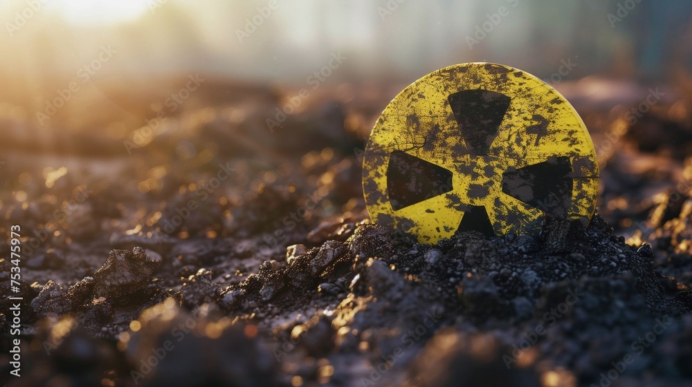Radiation Hazard Symbol on Contaminated Soil at Sunset - obrazy, fototapety, plakaty 