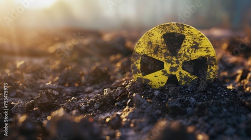 Radiation Hazard Symbol on Contaminated Soil at Sunset