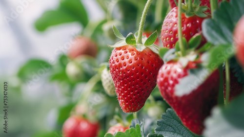 Ripe strawberries grow in the middle of a green plant.