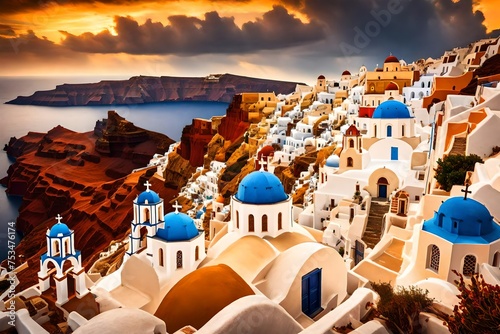 Beautiful view of Churches in Oia village, Santorini island in Greece at sunset, with dramatic sky. photo