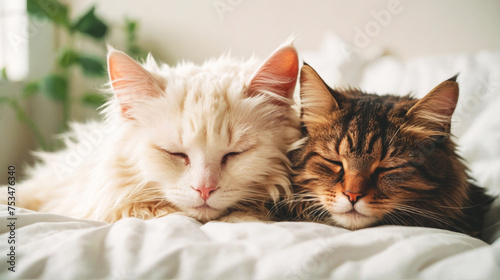 Portrait of two young sleeping cats lying on a white bed.