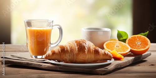 Healthy concept of morning food with croissants, orange juice, and coffee on a wooden table.