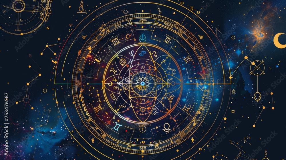 Astrology zodiac circle, incorporating vibrant representations of all twelve zodiac signs