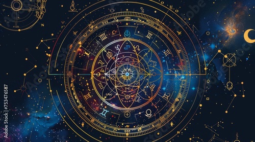 Astrology zodiac circle, incorporating vibrant representations of all twelve zodiac signs
