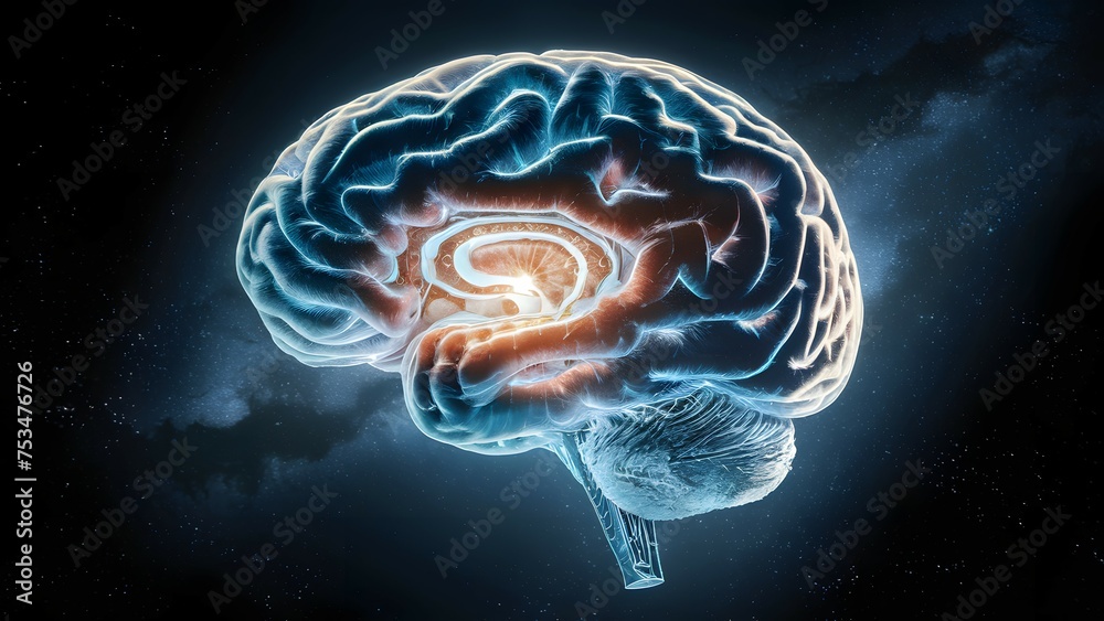 A brain with a focused light source in the center against a cosmic backdrop A brain with a focused light source in the center against a cosmic backdrop