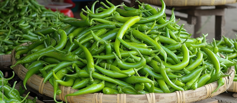 Fresh green chilies available in the market. Fresh green chilies available in the market.