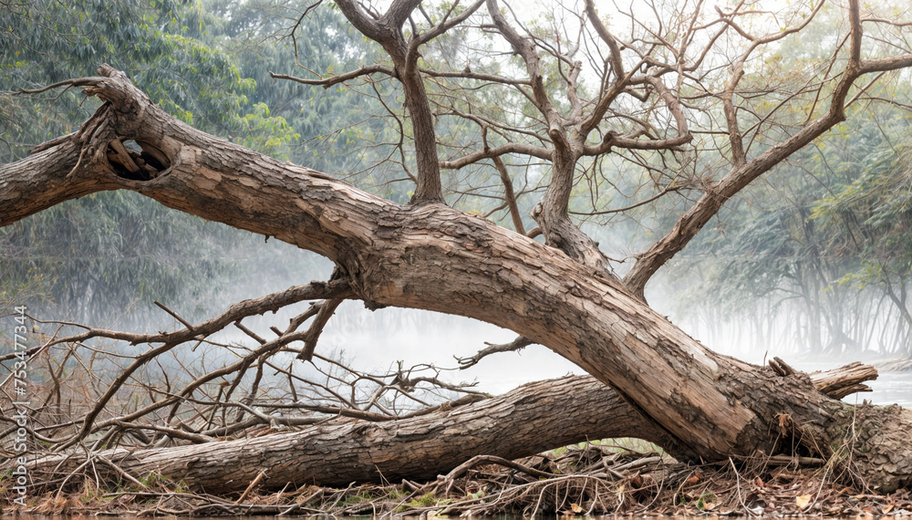 A large tree branch is laying on the ground in a forest