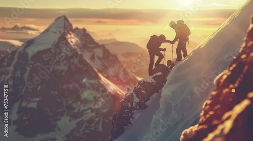 Teamwork with a man helping his friend climb a high peak.