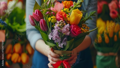 Professional Florist Expertly Arranging a Vibrant Bouquet with a Variety of Colorful Flowers