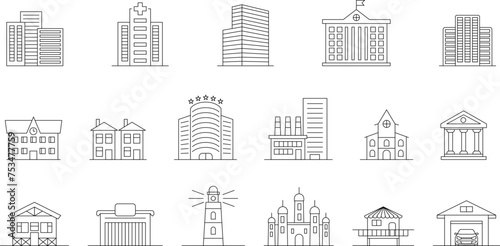 Building Thin Line Vector Icons Set. City building. Warehouse, industrial building. Line architecture buildings, apartment. Isolated vector icons set.