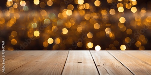 Golden bokeh in front of an empty wooden table, perfect for celebrations.