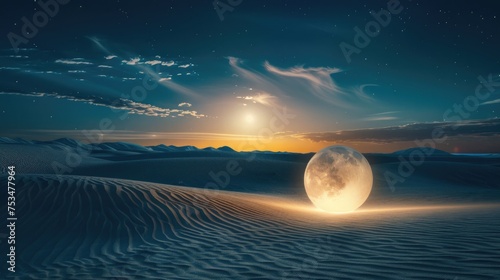 A serene desert landscape illuminated by a mysterious light sphere, with the contrast of the bright, celestial bodies in the night sky and the gentle glow reflecting off the sand. 8k