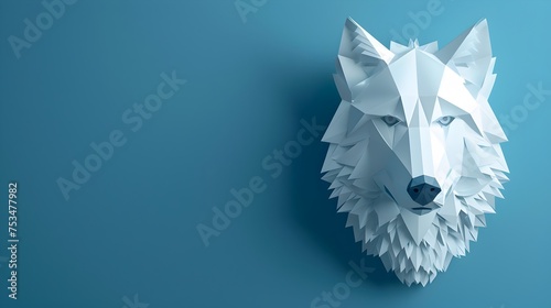 3D Origami Wolf Head on Blue Minimalist Background, To add a unique and stylish touch to modern decor or design projects photo